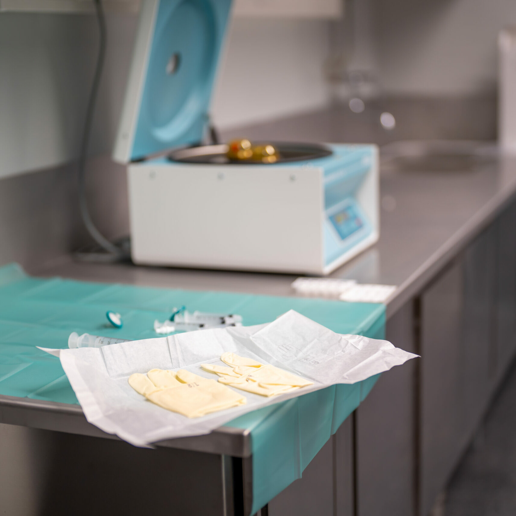 Sterile Handschuhe und Equipment für eine Gelenkinjektion beim Pferd