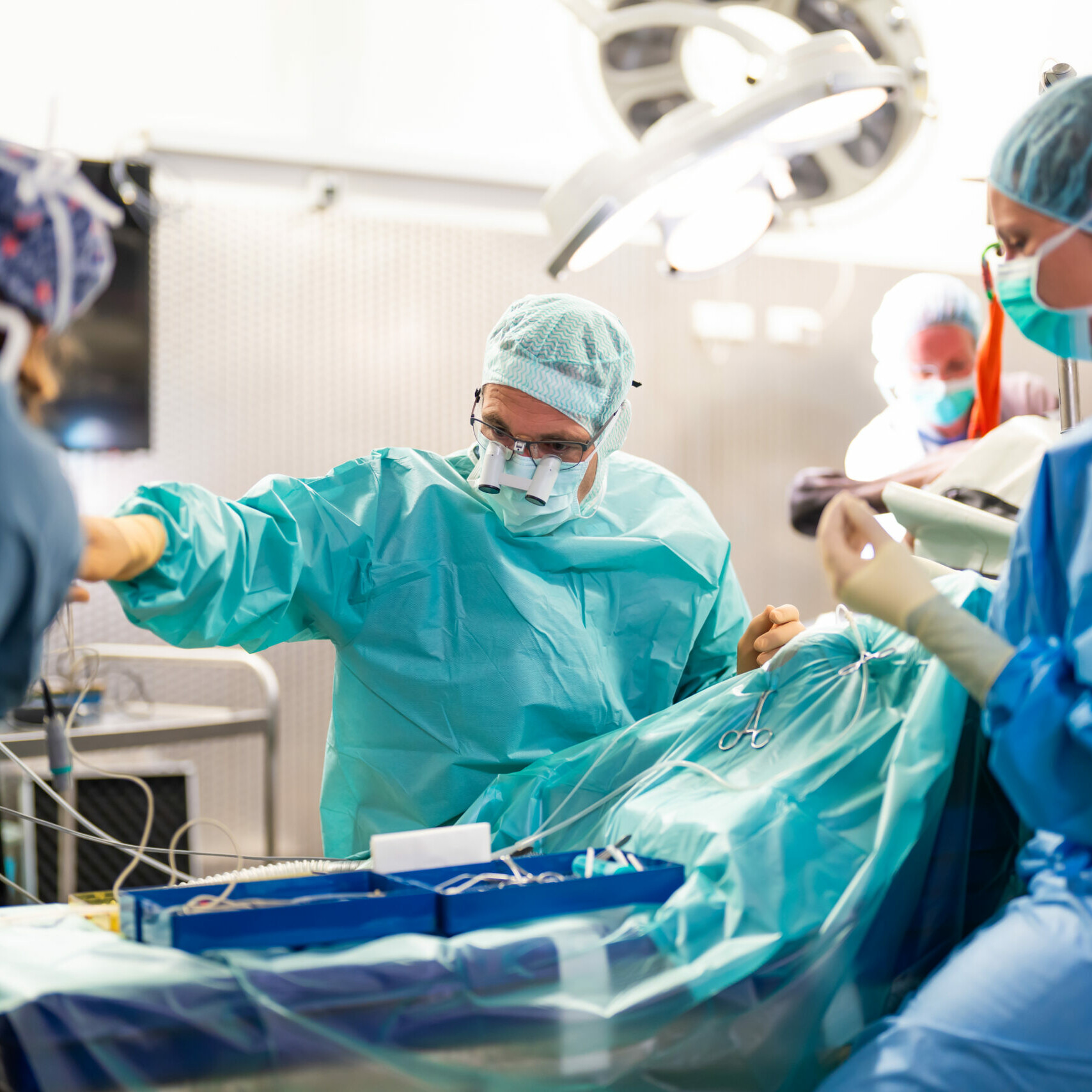 Chirurgie im Pferde-OP: drei Personen in Operationskleidung bei der Arbeit